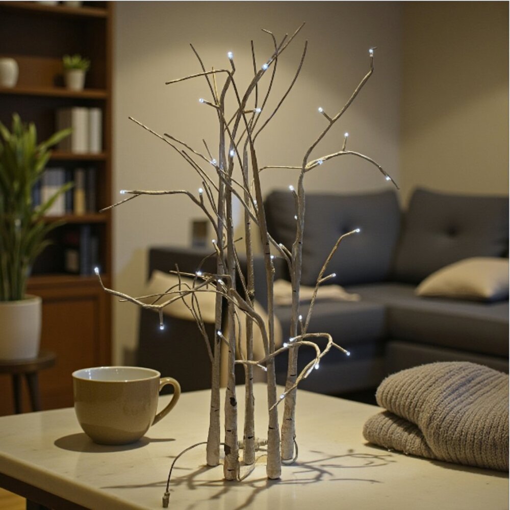 LIGHTED BIRCH TREE -- 26" Tall, Plug-In, Wood Base, 5 Stems, White Lights, Cozy